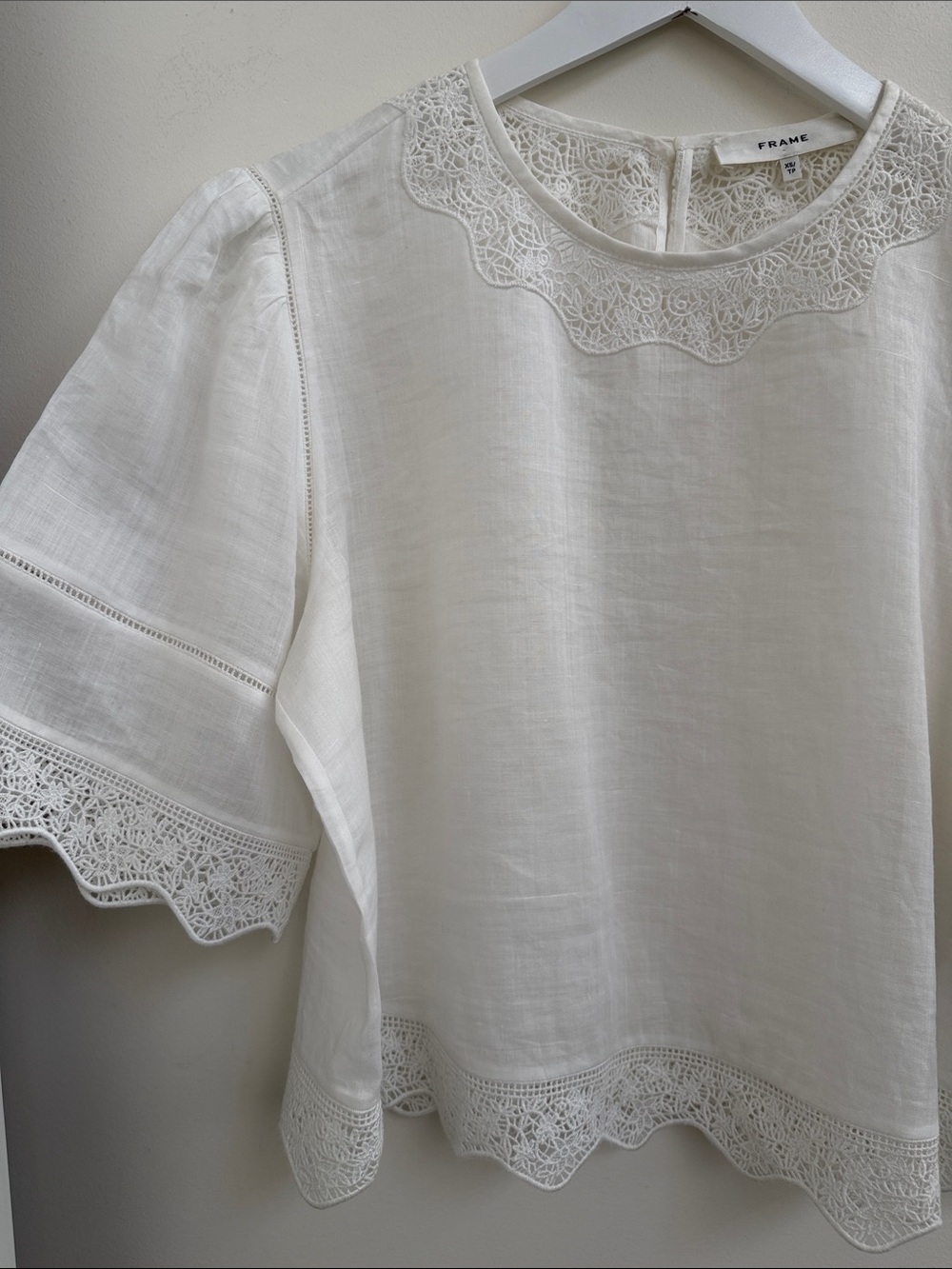 Frame Denim White Linen lace Crochet-Trim Blouse XS/TP women’s - Picture 3 of 6